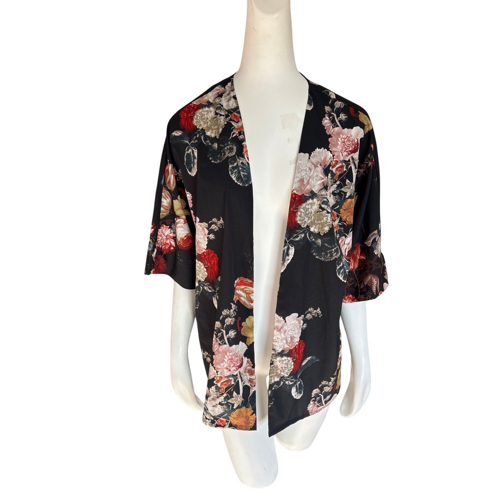 Vero Moda Winter Bloom Floral Kimono Black Open Front Cardigan Size Large